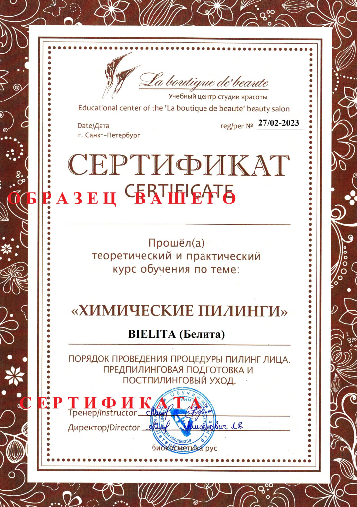КУРС Химический пилинг кислотами BIELITA (Белита). Сертификат. ОНЛАЙН обучение