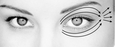 В области глазной орбиты выполняются легкие полукруглые движения в направлении наружных углов глаз. Для области виска используйте лучистые движения от внешних углов глаз.